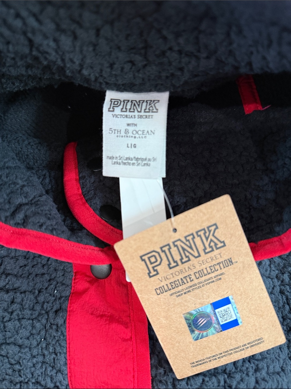 PINK Victoria's Secret Black Sherpa Jacket with Red Trim - Picture 4 of 4